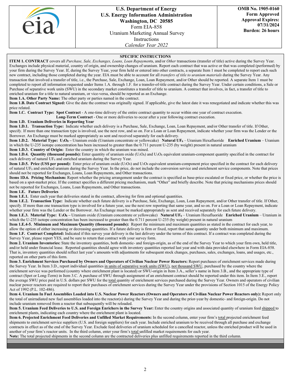Instructions for Form EIA-858 Uranium Marketing Annual Survey, Page 2