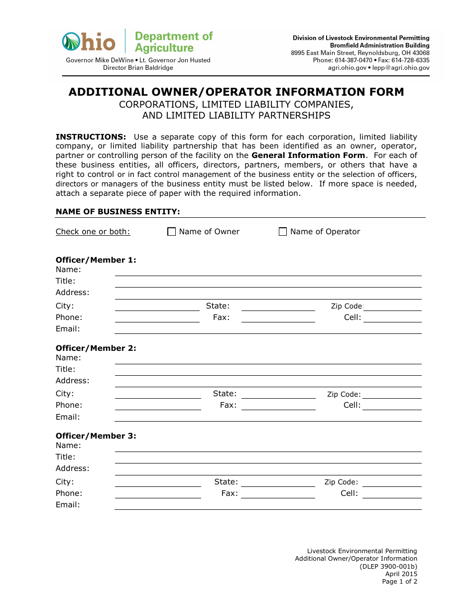 Form DLEP-3900-001B Additional Owner / Operator Information Form - Ohio, Page 1