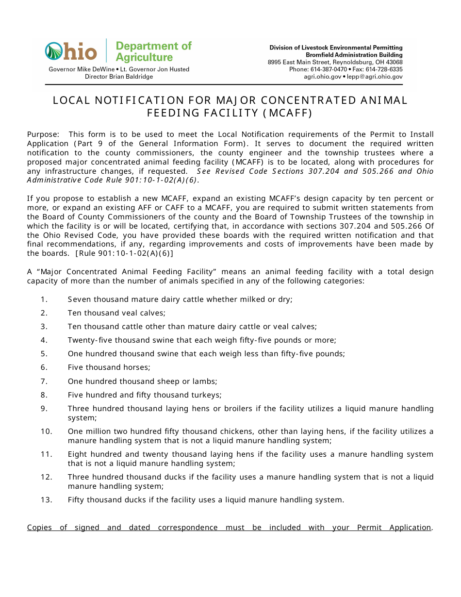 Form DLEP-3900-004 Local Notification for Major Concentrated Animal Feeding Facility (Mcaff) - Ohio, Page 1
