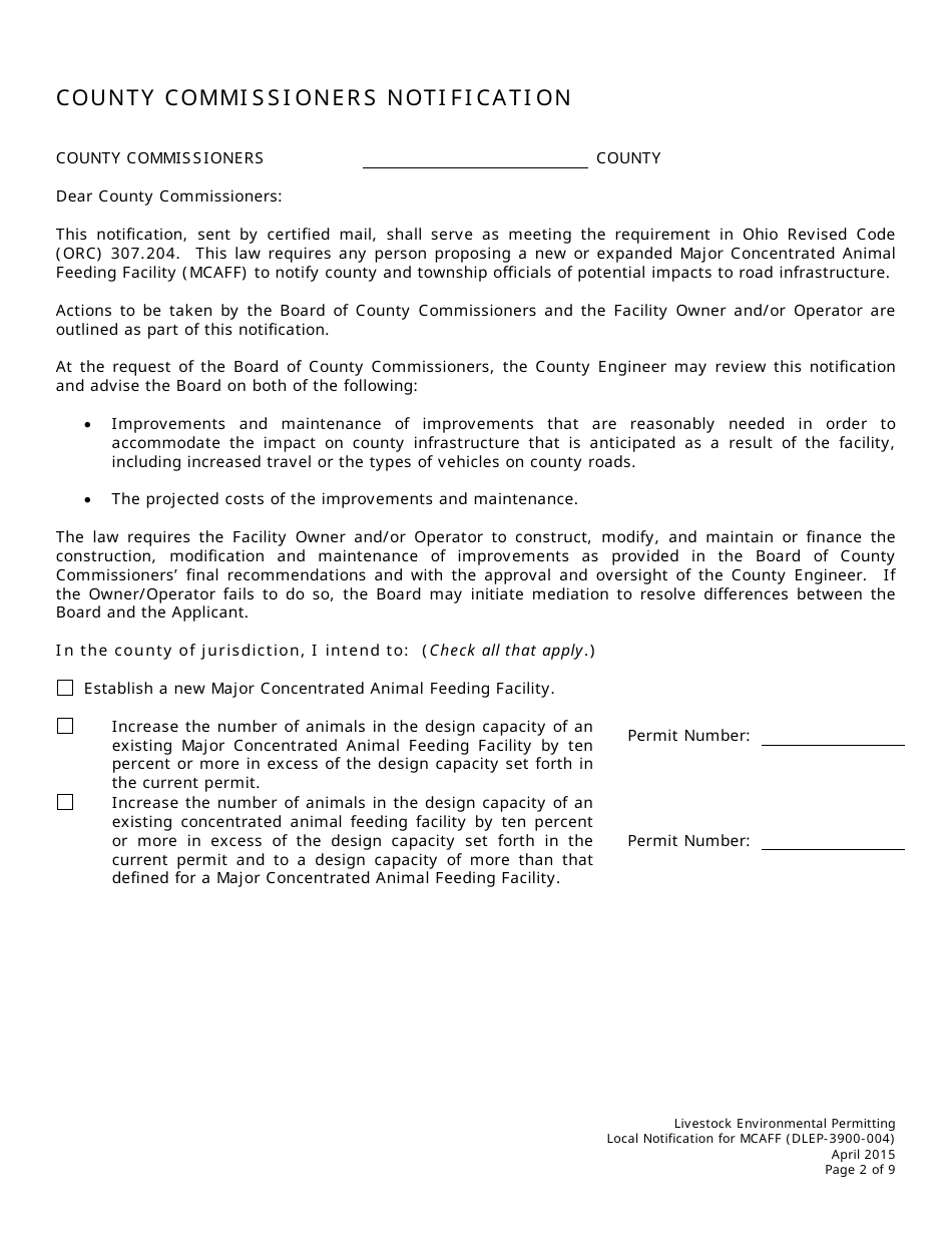 Form DLEP-3900-004 Local Notification for Major Concentrated Animal Feeding Facility (Mcaff) - Ohio, Page 2