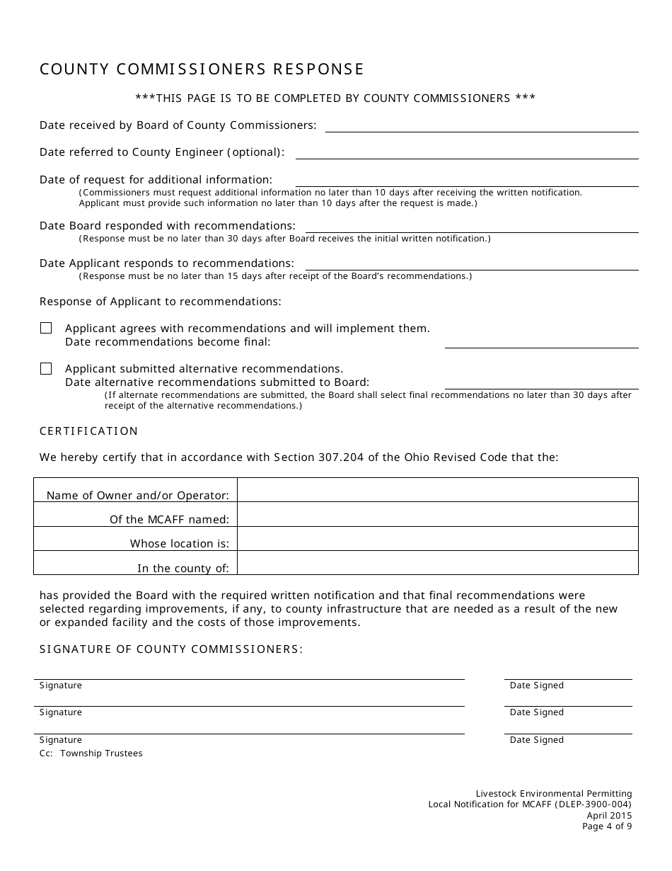 Form DLEP-3900-004 Local Notification for Major Concentrated Animal Feeding Facility (Mcaff) - Ohio, Page 4