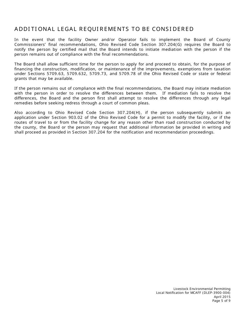 Form DLEP-3900-004 Local Notification for Major Concentrated Animal Feeding Facility (Mcaff) - Ohio, Page 5