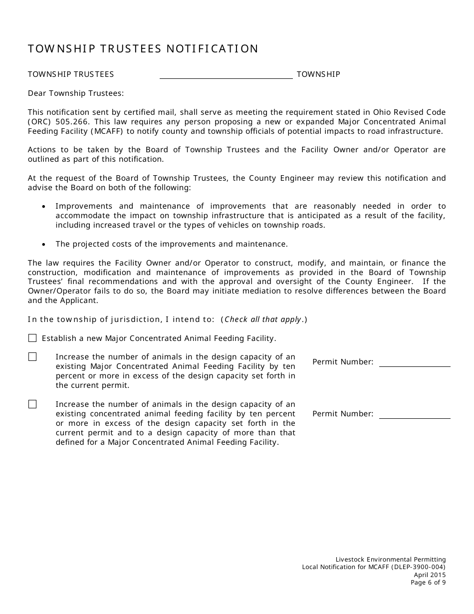 Form DLEP-3900-004 Local Notification for Major Concentrated Animal Feeding Facility (Mcaff) - Ohio, Page 6
