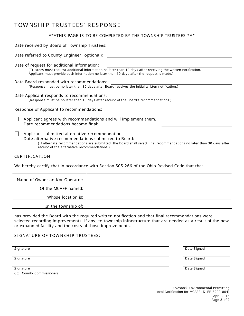 Form DLEP-3900-004 Local Notification for Major Concentrated Animal Feeding Facility (Mcaff) - Ohio, Page 8