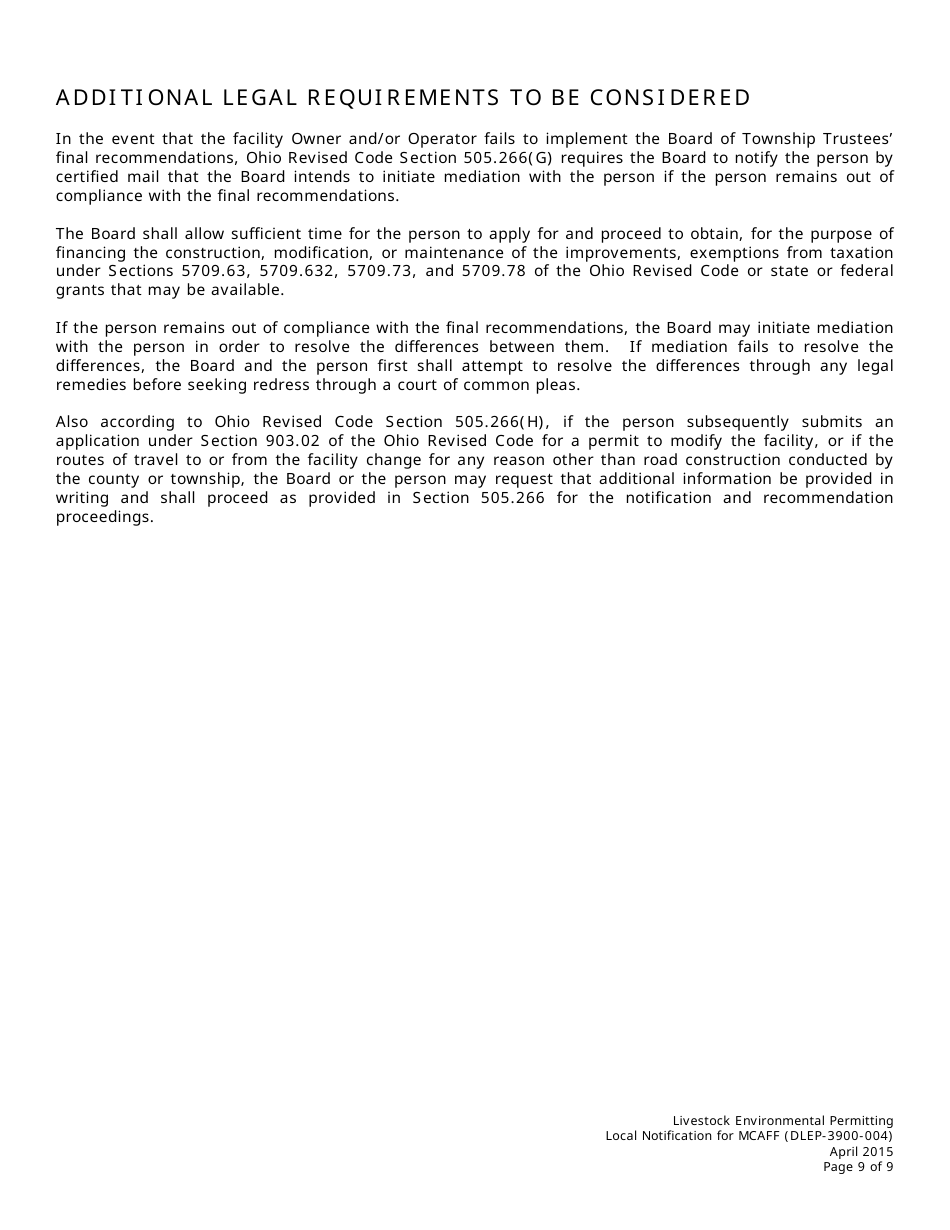 Form DLEP-3900-004 Local Notification for Major Concentrated Animal Feeding Facility (Mcaff) - Ohio, Page 9