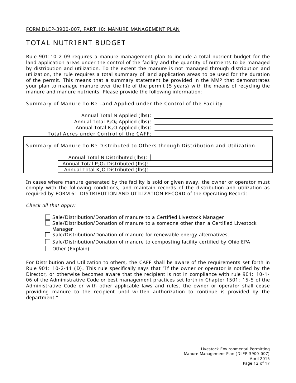 Form DLEP-3900-007 Manure Management Plan - Ohio, Page 12
