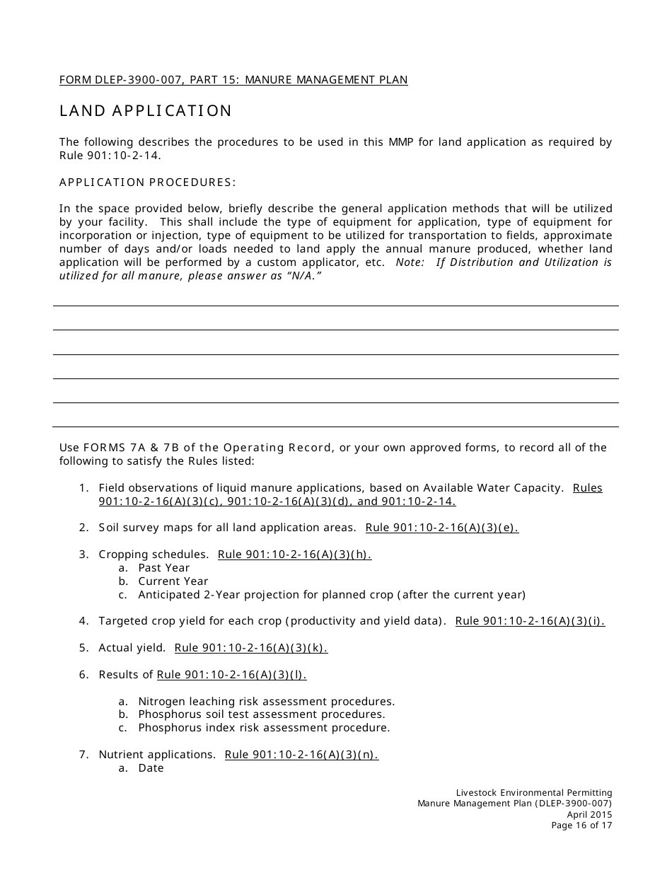 Form DLEP-3900-007 Manure Management Plan - Ohio, Page 16