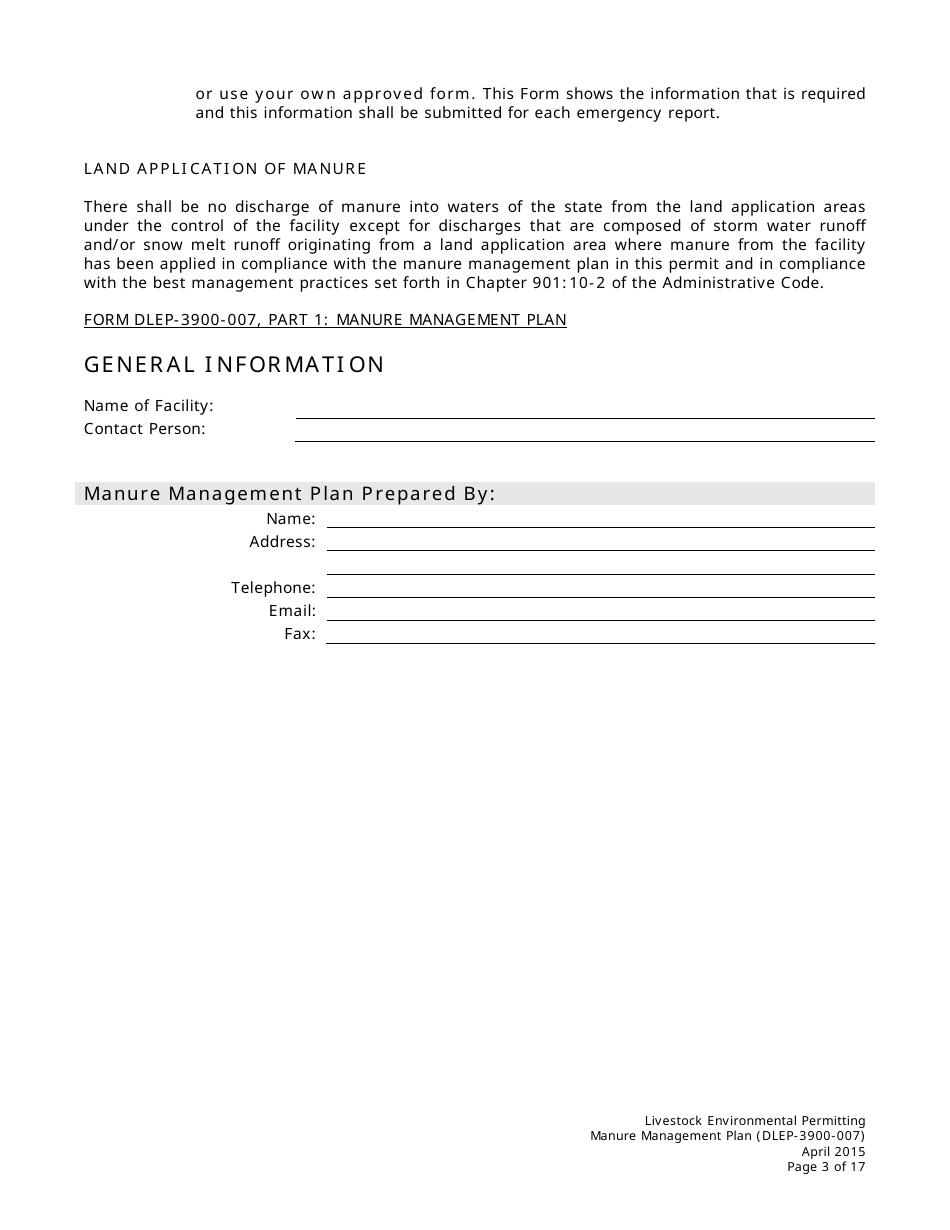 Form DLEP-3900-007 Manure Management Plan - Ohio, Page 3