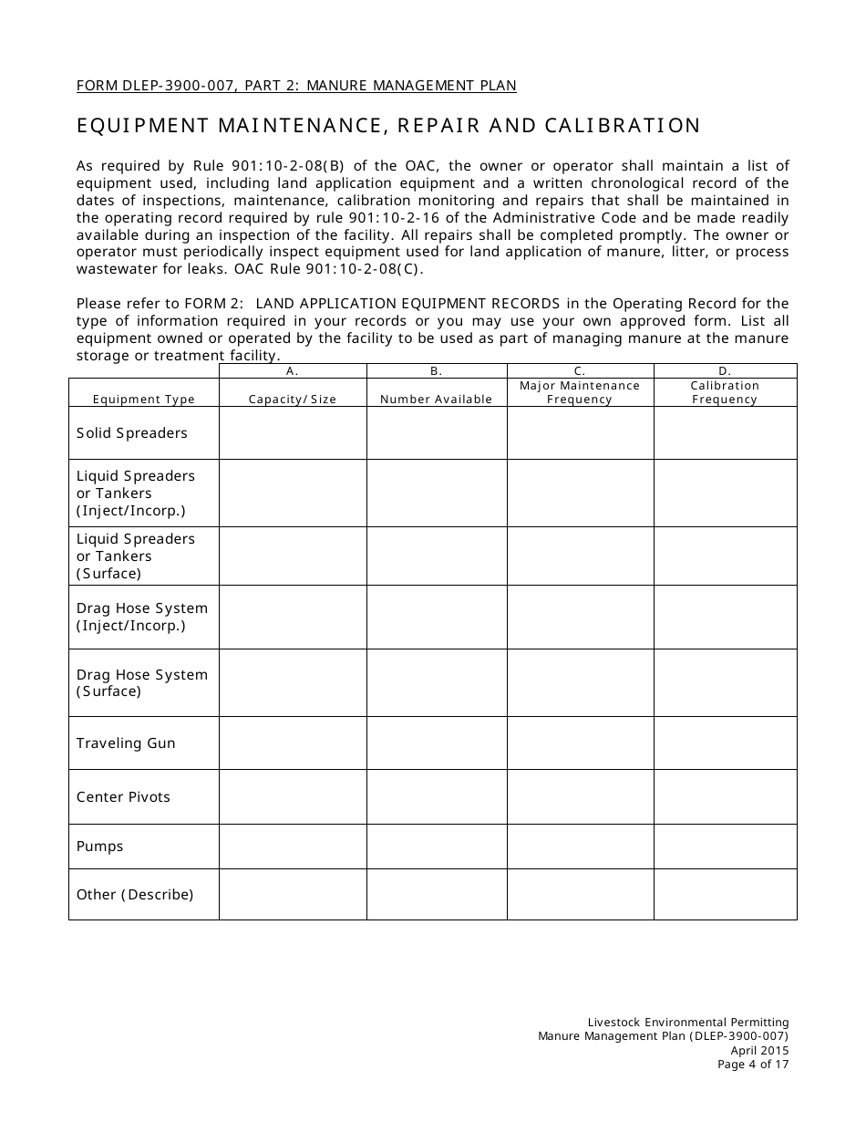 Form DLEP-3900-007 Manure Management Plan - Ohio, Page 4