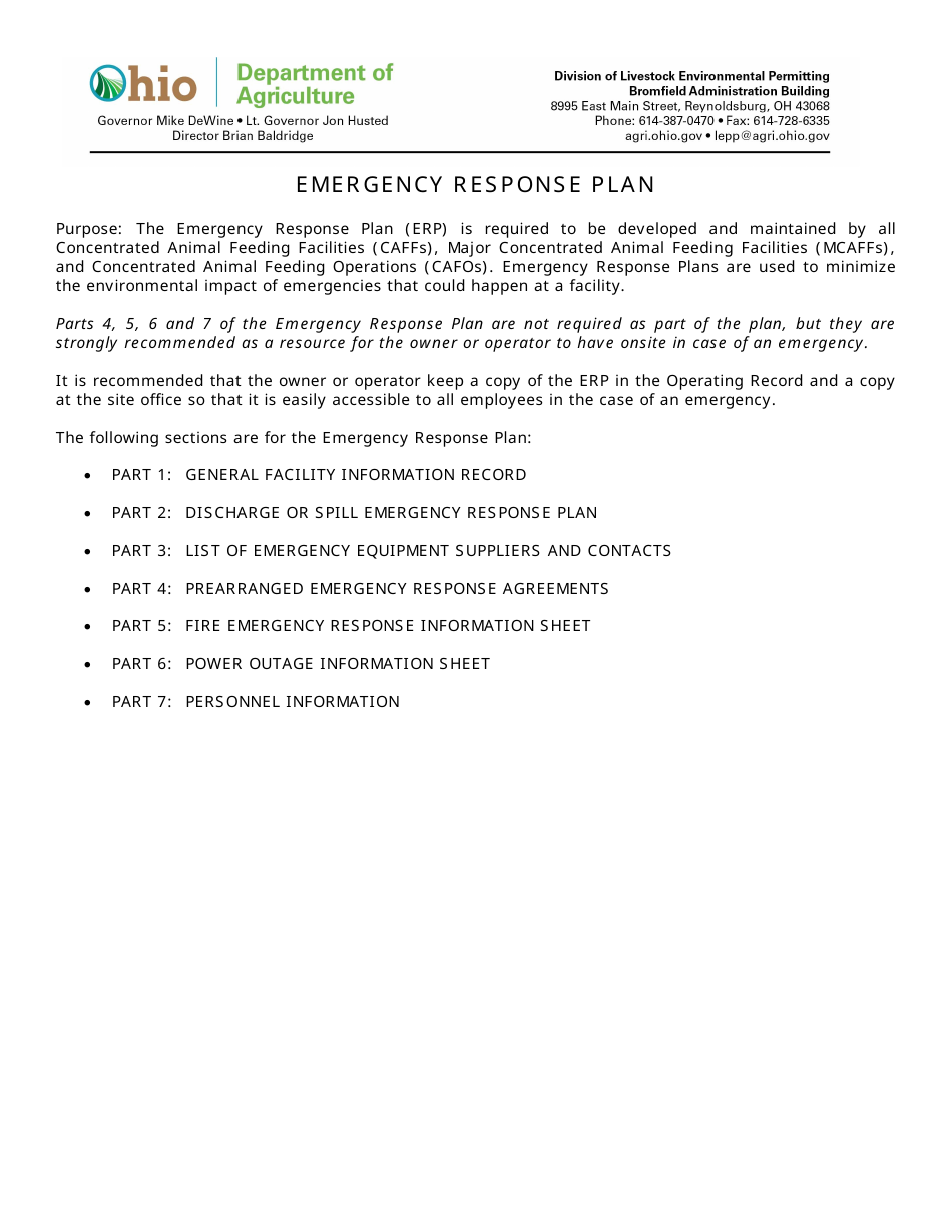 Form DLEP-3900-010 Emergency Response Plan - Ohio, Page 1