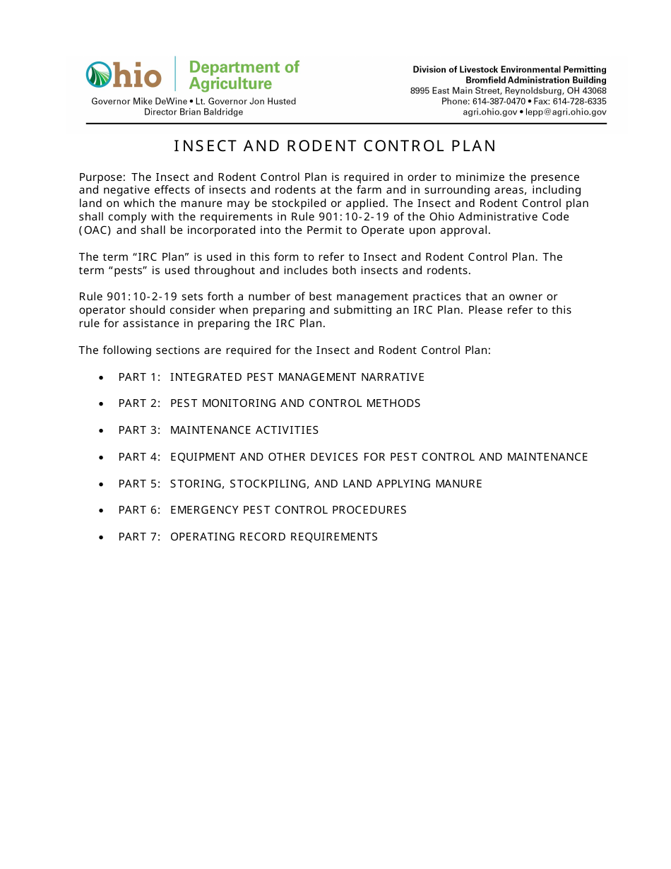 Form DLEP-3900-008 Insect and Rodent Control Plan - Ohio, Page 1