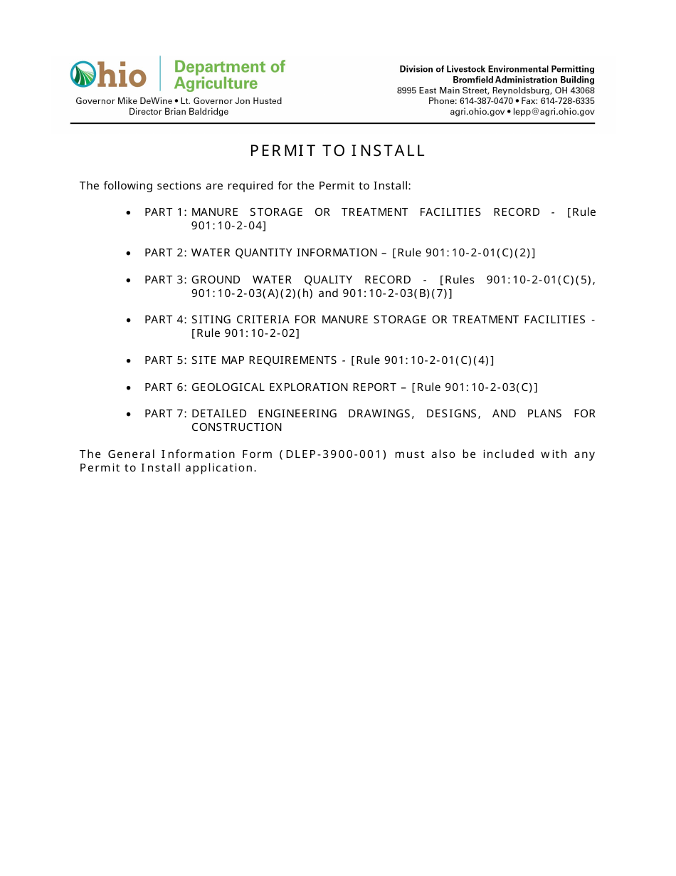 Form DLEP-3900-005 Permit to Install - Ohio, Page 1