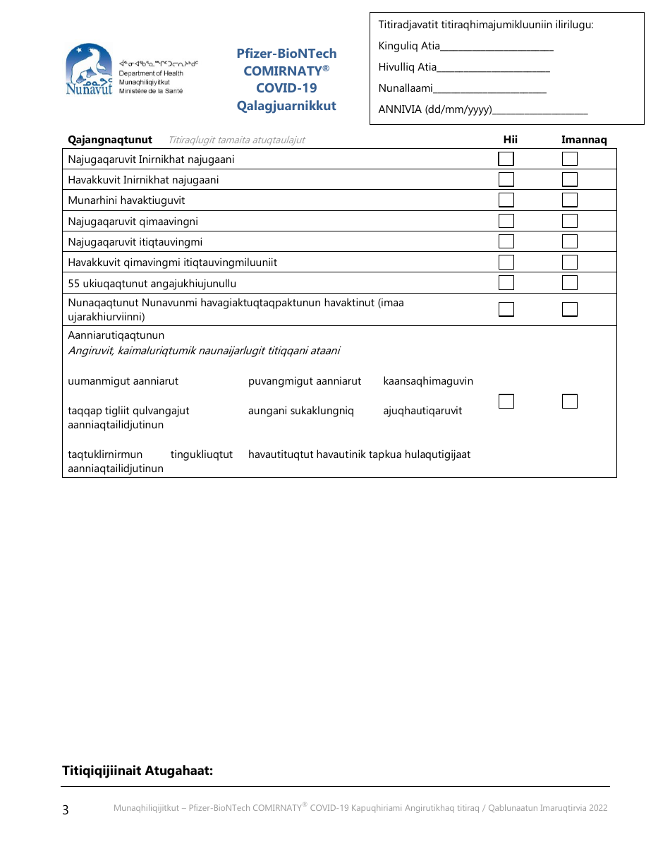 Pfizer-Biontech Comirnaty Covid-19 Consent Form - Nunavut, Canada (Inuinnaqtun), Page 3