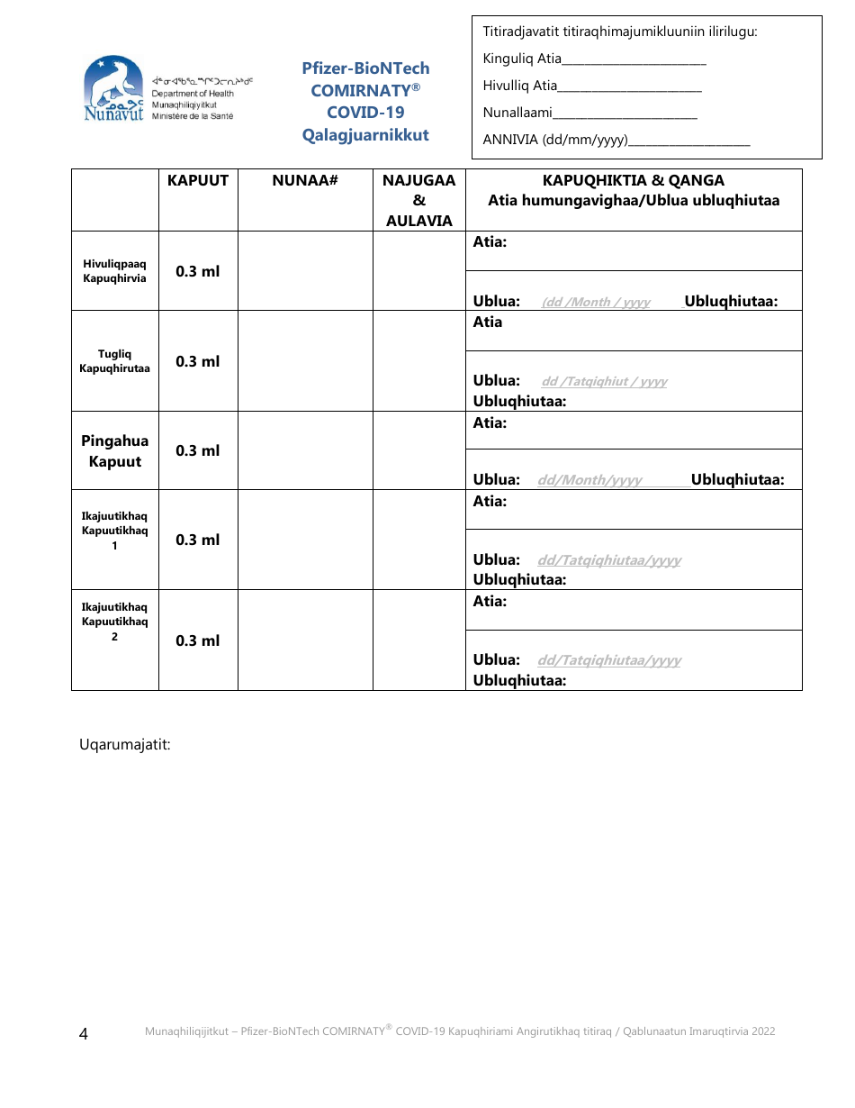 Pfizer-Biontech Comirnaty Covid-19 Consent Form - Nunavut, Canada (Inuinnaqtun), Page 4