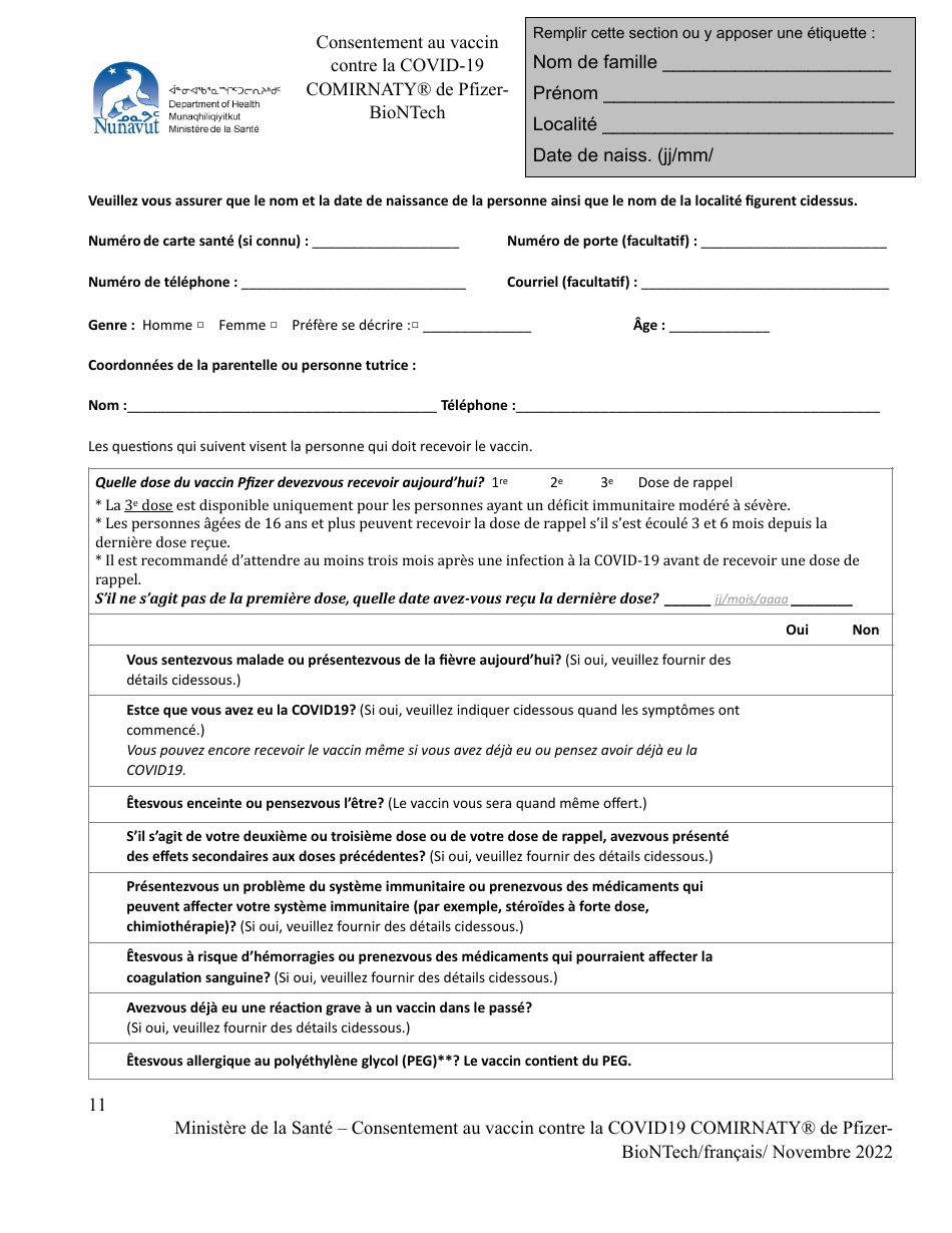 Consentement Au Vaccin Contre La Covid-19 Comirnaty De Pfizerbiontech - Nunavut, Canada (French), Page 1