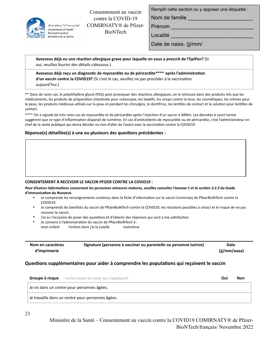 Consentement Au Vaccin Contre La Covid-19 Comirnaty De Pfizerbiontech - Nunavut, Canada (French), Page 2