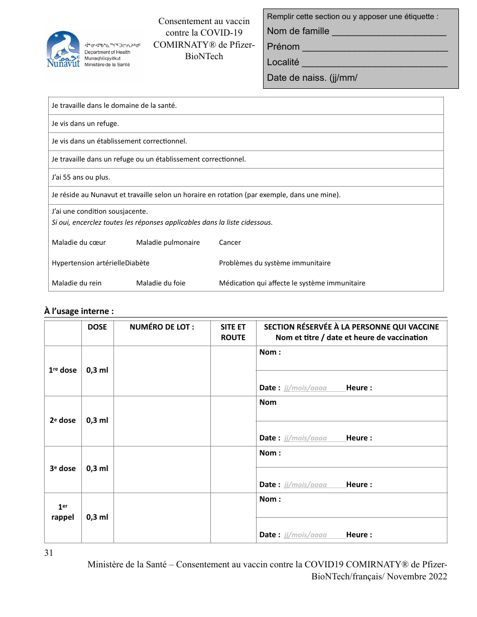 Consentement Au Vaccin Contre La Covid-19 Comirnaty De Pfizerbiontech - Nunavut, Canada (French), Page 3