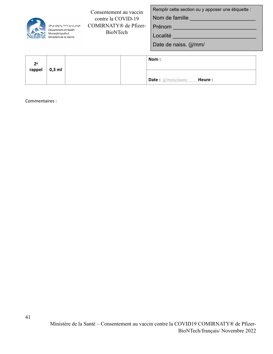 Consentement Au Vaccin Contre La Covid-19 Comirnaty De Pfizerbiontech - Nunavut, Canada (French), Page 4