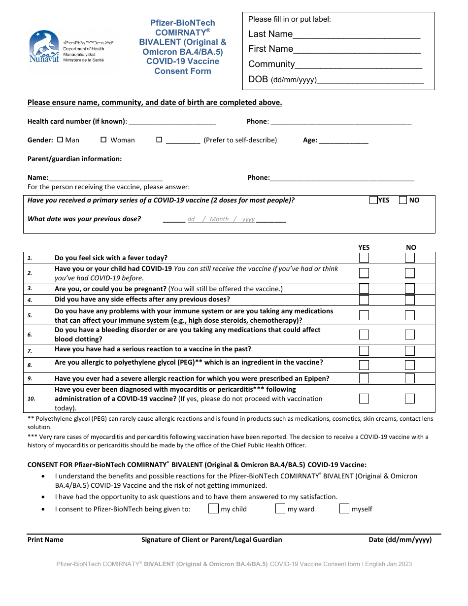 Nunavut Canada Pfizer-Biontech Comirnaty Bivalent (Original & Omicron