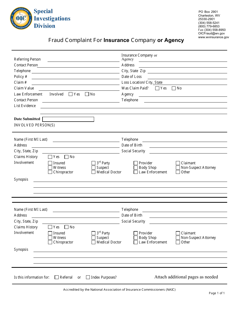 West Virginia Fraud Complaint for Insurance Company or Agency Fill
