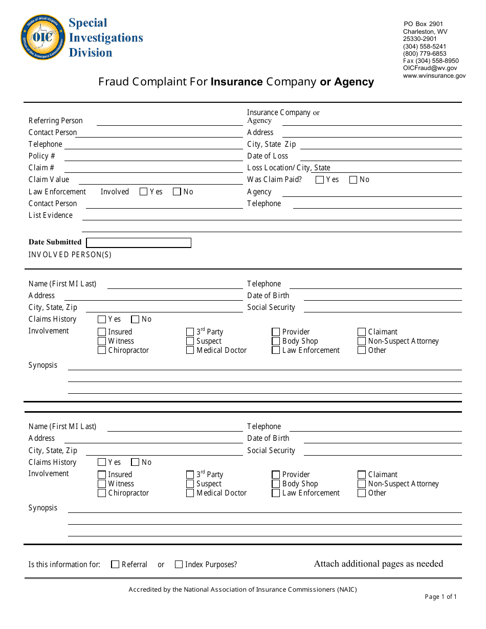 Fraud Complaint for Insurance Company or Agency - West Virginia, Page 1