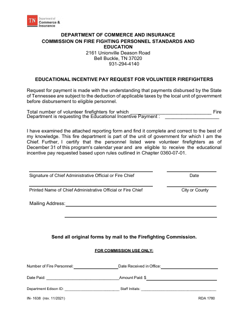 Form IN-1638 Educational Incentive Pay Request for Volunteer Firefighters - Tennessee