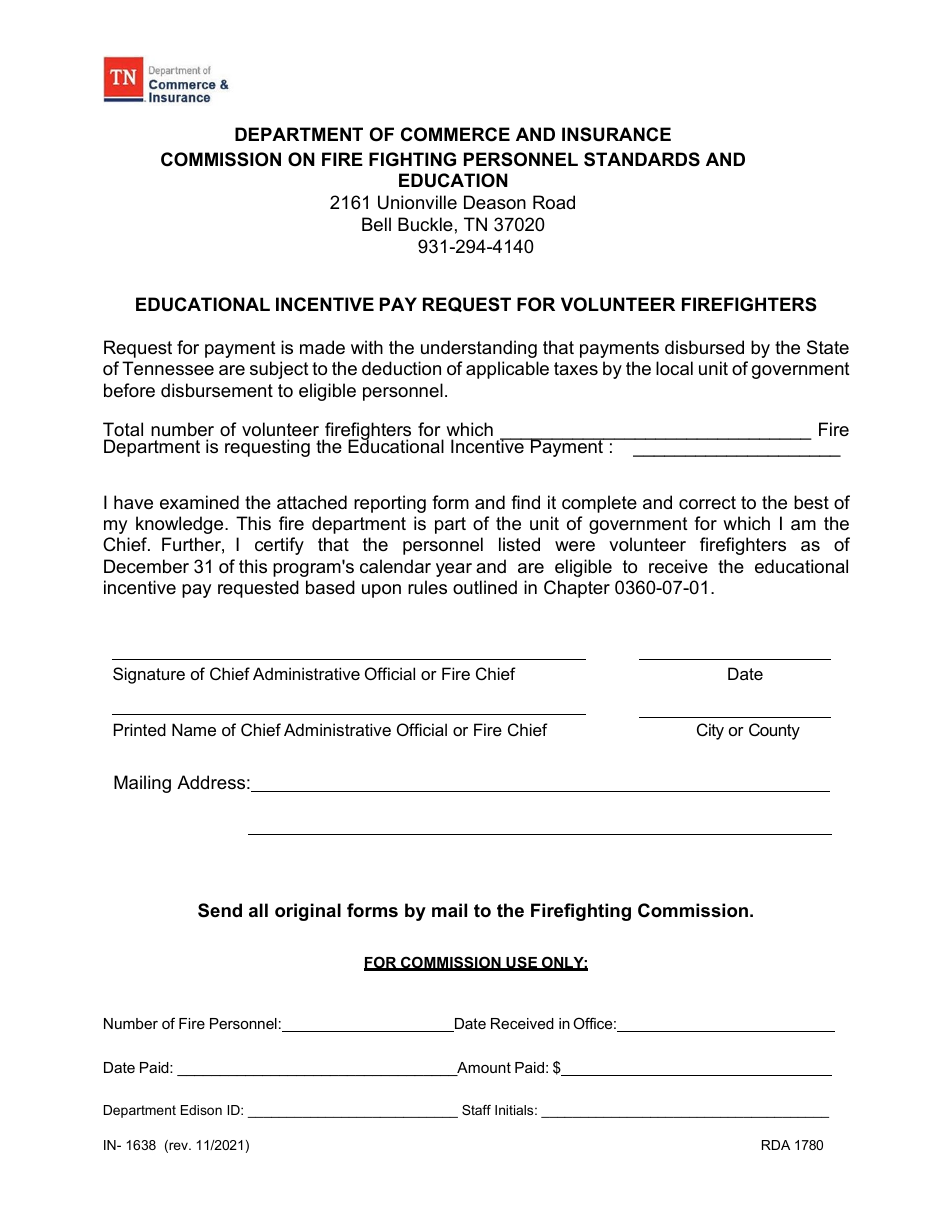 Form IN-1638 Educational Incentive Pay Request for Volunteer Firefighters - Tennessee, Page 1