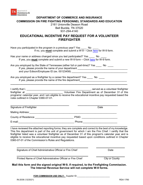 Form IN-2036 Educational Incentive Pay Request for a Volunteer Firefighter - Tennessee