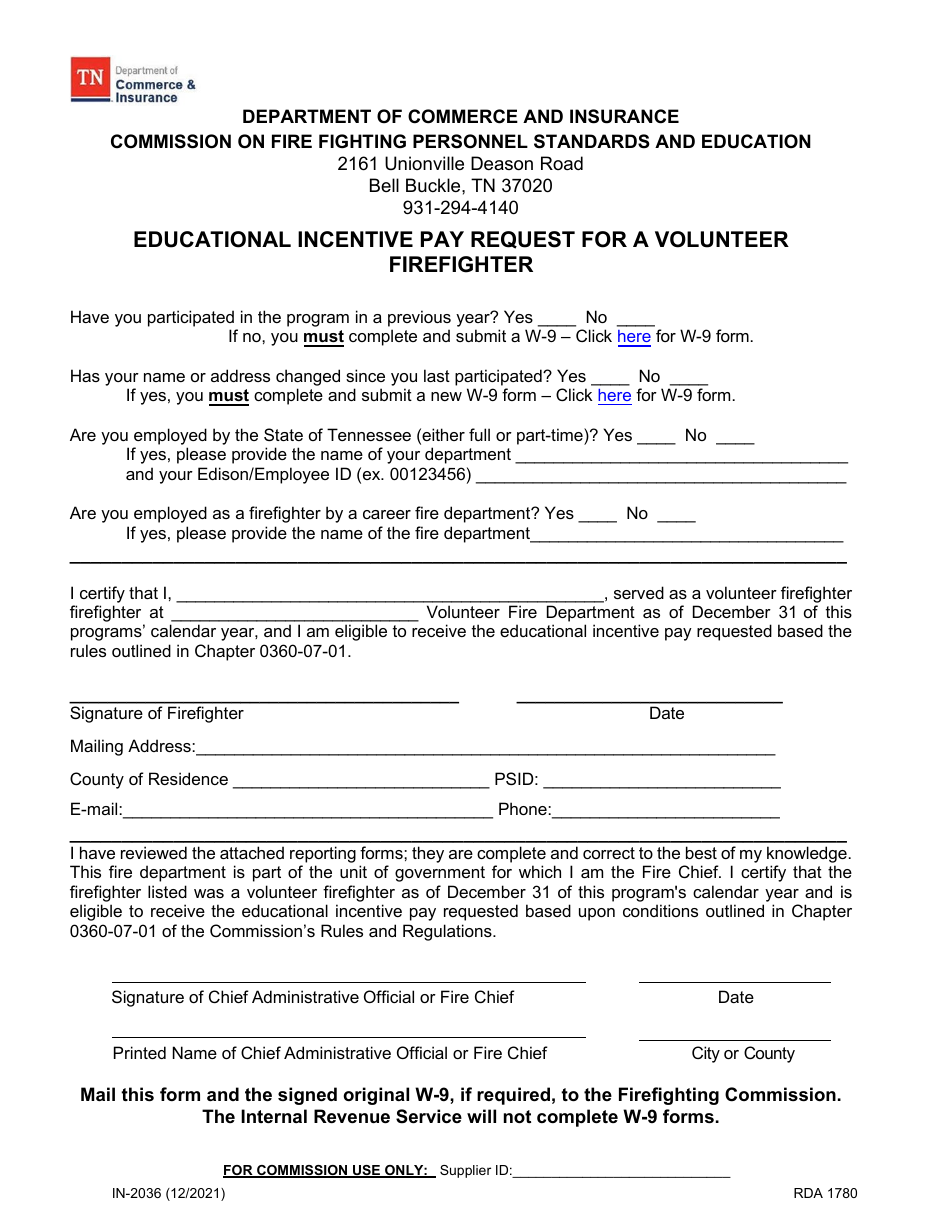 Form IN-2036 Educational Incentive Pay Request for a Volunteer Firefighter - Tennessee, Page 1