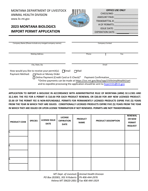 Montana Import Permit Application: Biologics - Montana, 2023