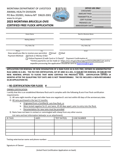 Montana Brucella Ovis Certified Free Flock Application - Montana, 2023