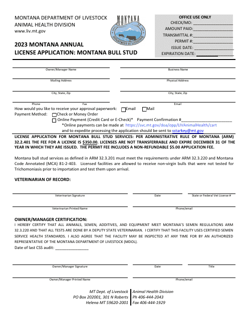 Montana Annual License Application: Montana Bull Stud - Montana, 2023