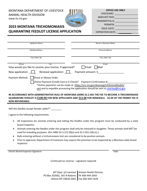 Montana Trichomoniasis Quarantine Feedlot License Application - Montana, 2023