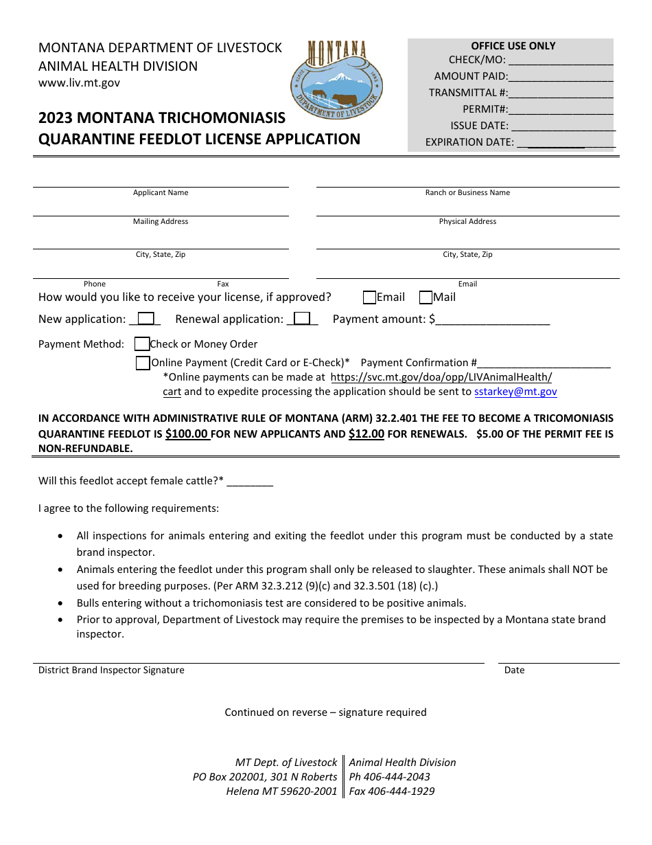 Montana Trichomoniasis Quarantine Feedlot License Application - Montana, Page 1