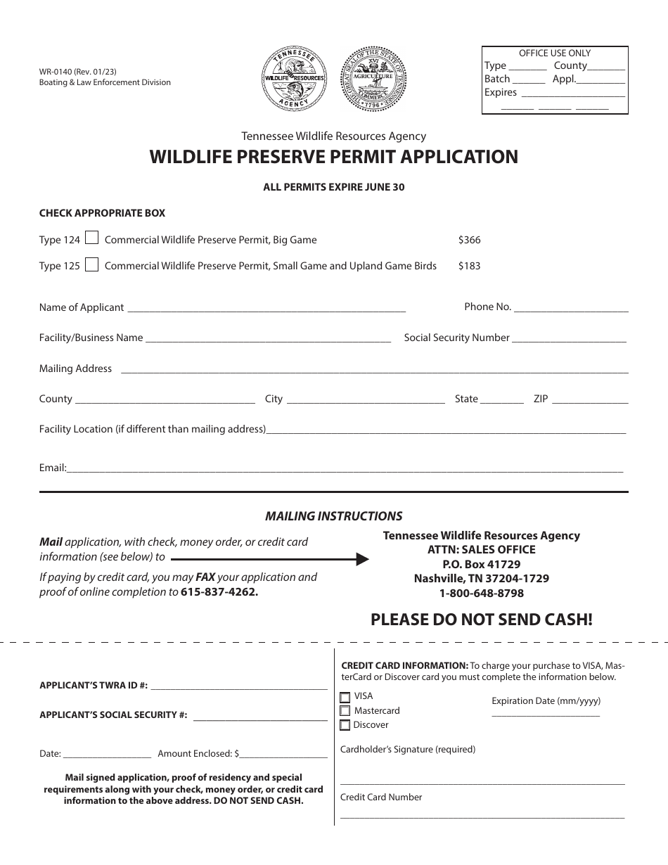 Form WR-0140 Wildlife Preserve Permit Application - Tennessee, Page 1