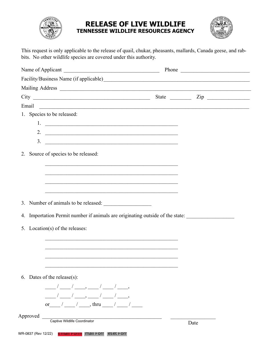 Form WR-0837 Release of Live Wildlife - Tennessee, Page 1