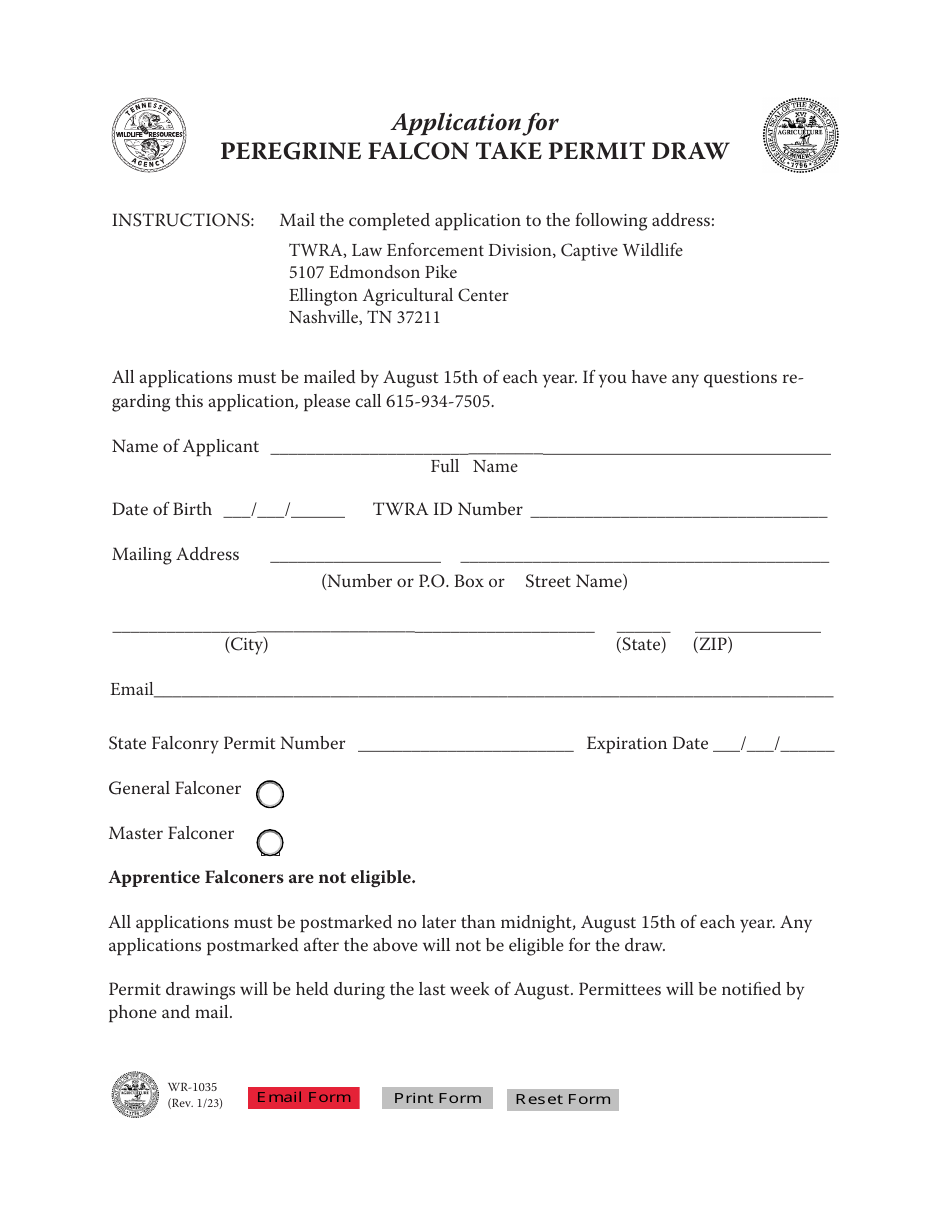 Form WR-1035 Application for Peregrine Falcon Take Permit Draw - Tennessee, Page 1