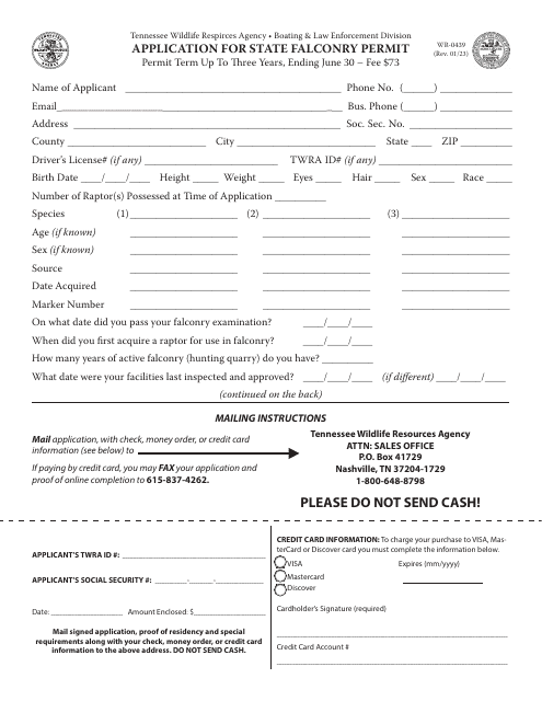 Form WR-0439 Application for State Falconry Permit - Tennessee
