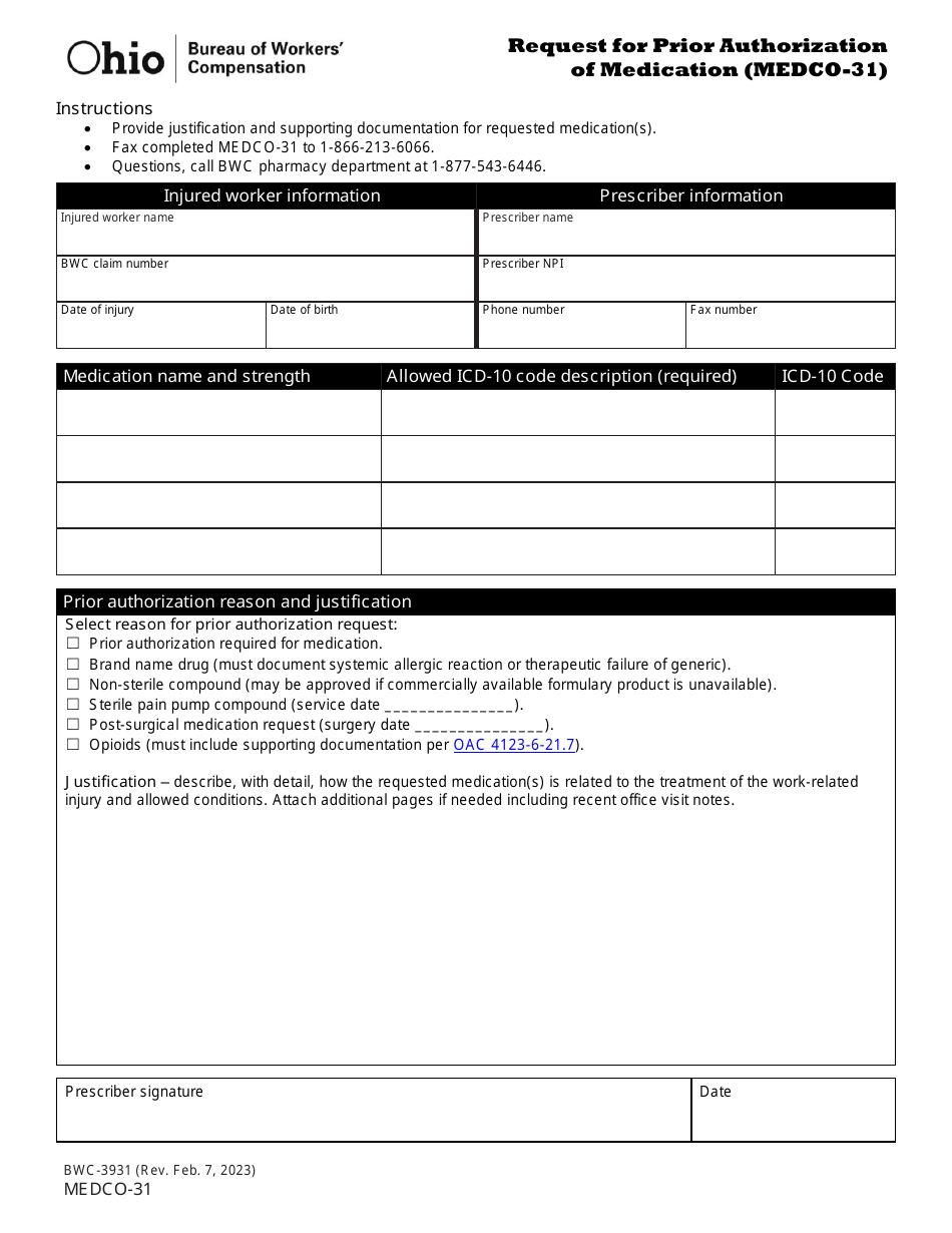 Form MEDCO-31 (BWC-3931) Request for Prior Authorization of Medication - Ohio, Page 1