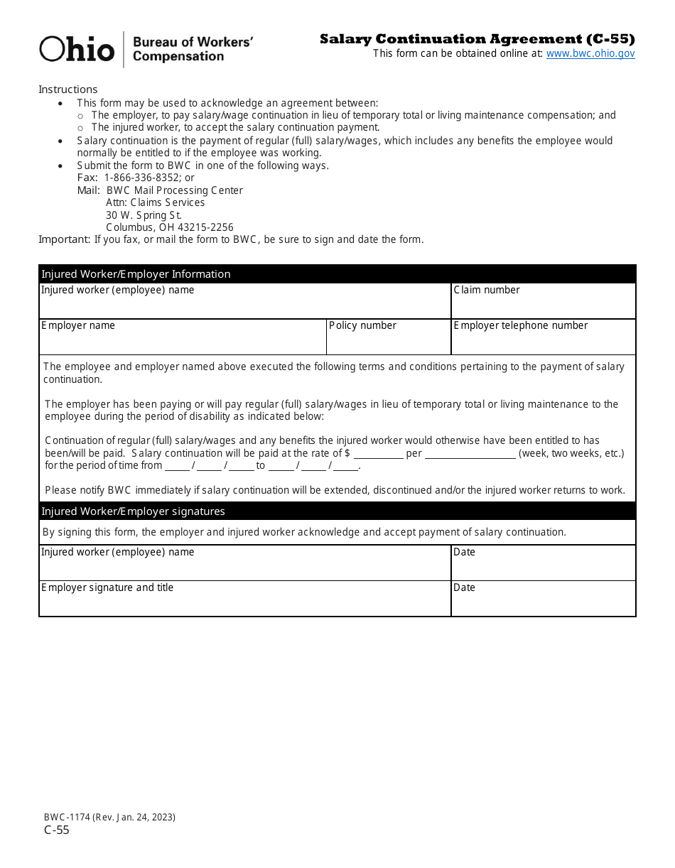 Form C-55 (BWC-1174) Salary Continuation Agreement - Ohio, Page 1