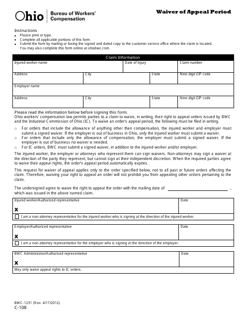 Form C-108 (BWC-1231)  Printable Pdf