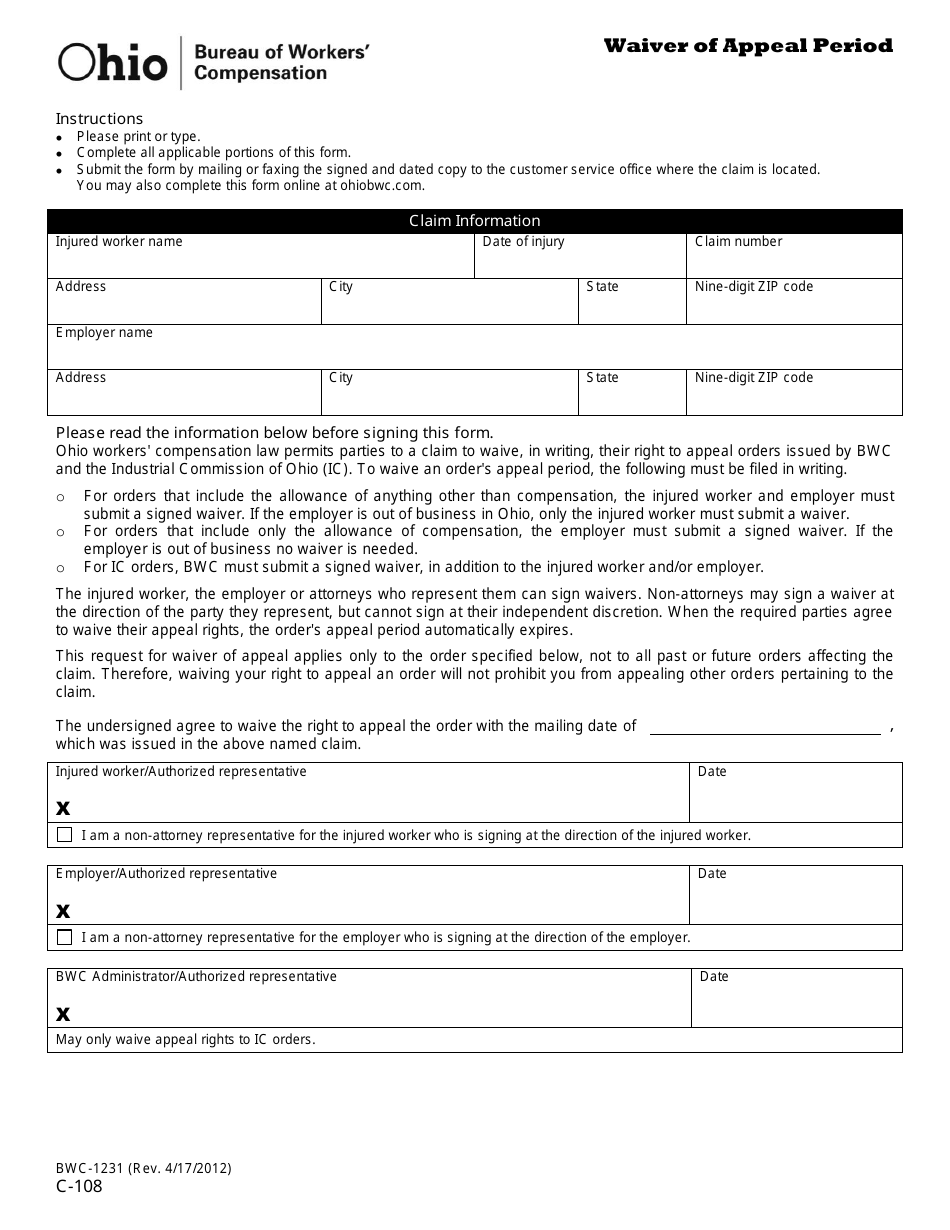 Form C-108 (BWC-1231) Waiver of Appeal Period - Ohio, Page 1