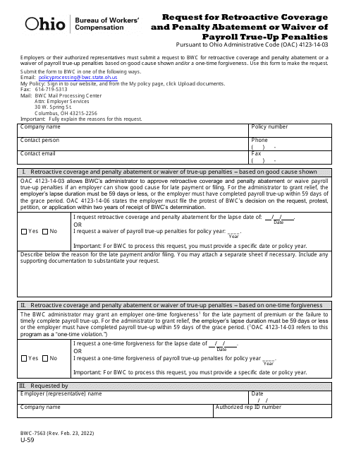 Form U-59 (BWC-7563) Request for Retroactive Coverage and Penalty Abatement or Waiver of Payroll True-Up Penalties - Ohio