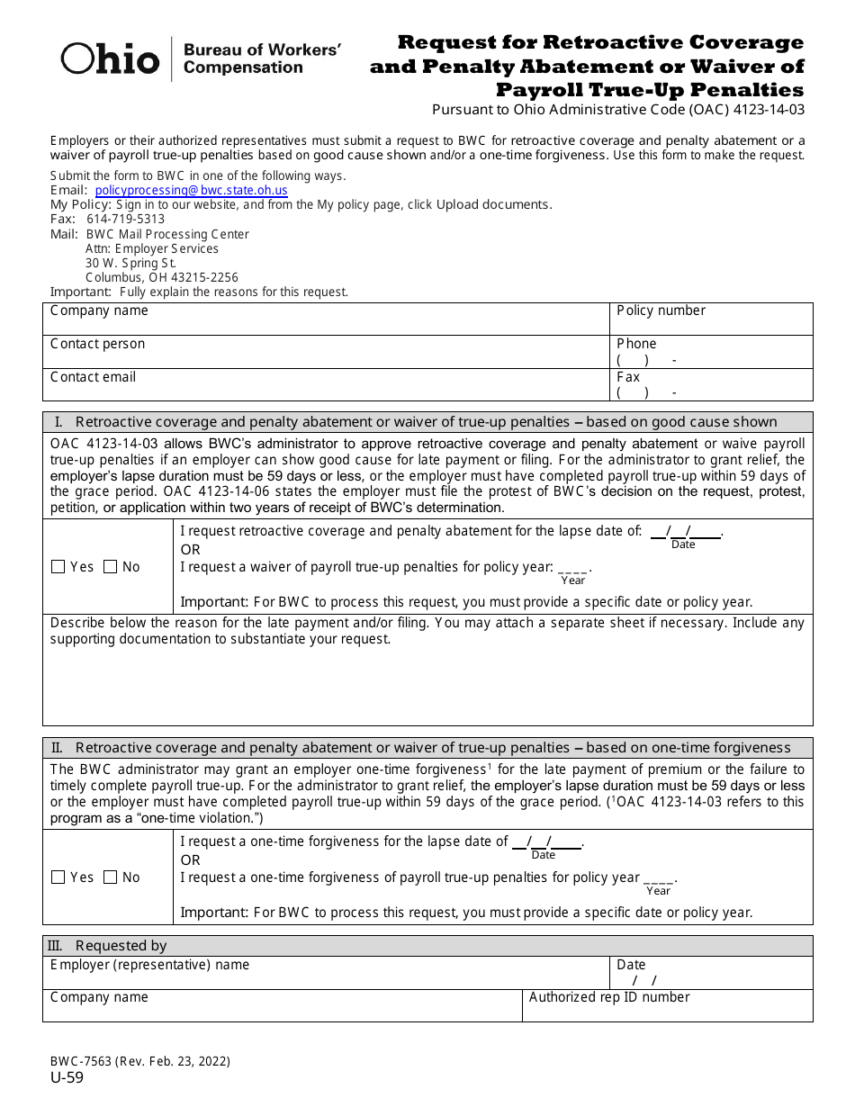 Form U-59 (BWC-7563) Request for Retroactive Coverage and Penalty Abatement or Waiver of Payroll True-Up Penalties - Ohio, Page 1