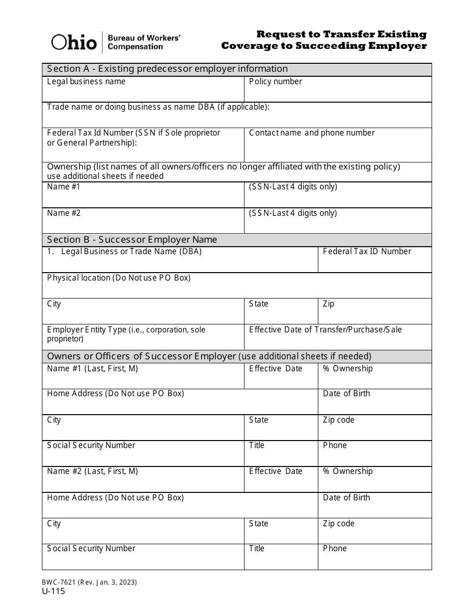 Form U-115 (BWC-7621) Request to Transfer Existing Coverage to Succeeding Employer - Ohio, Page 2
