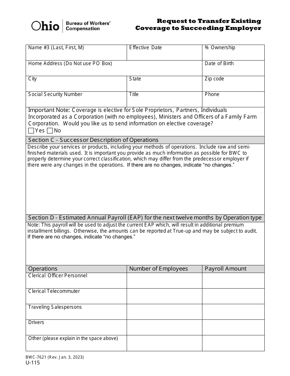 Form U-115 (BWC-7621) Request to Transfer Existing Coverage to Succeeding Employer - Ohio, Page 3