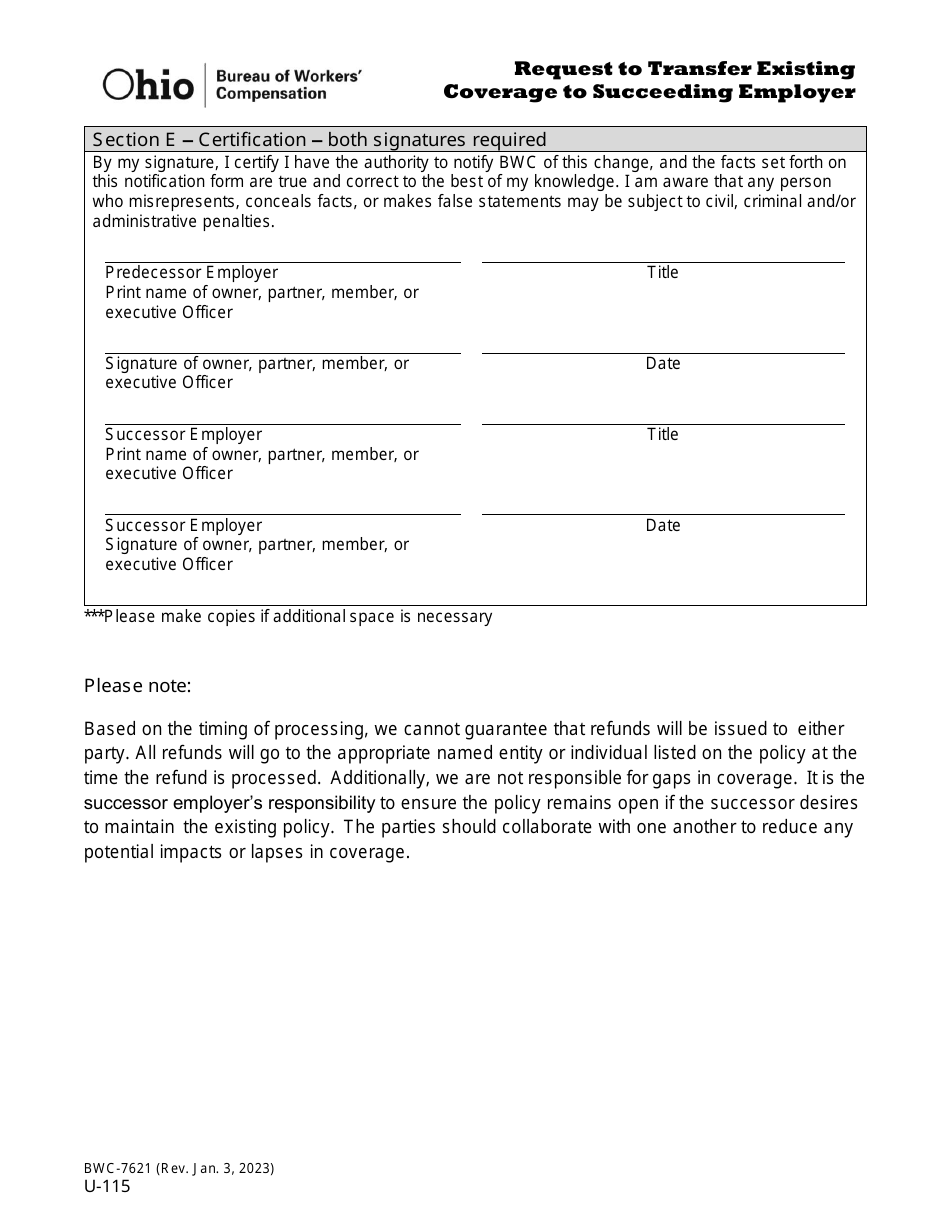 Form U-115 (BWC-7621) Request to Transfer Existing Coverage to Succeeding Employer - Ohio, Page 4