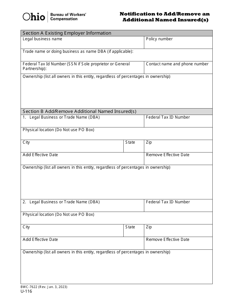 Form U-116 (BWC-7622) Notification to Add / Remove an Additional Named Insured(S) - Ohio, Page 2