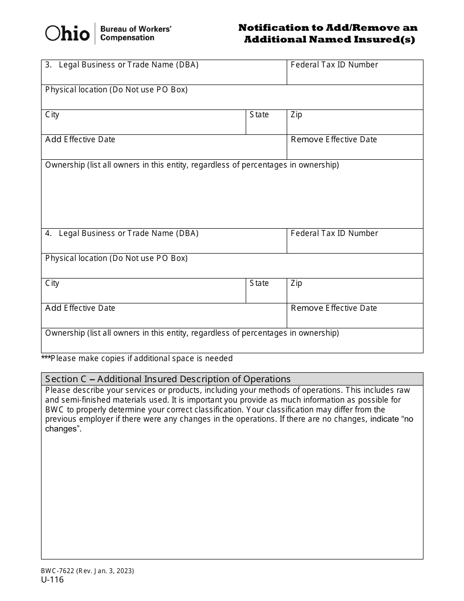 Form U-116 (BWC-7622) Notification to Add / Remove an Additional Named Insured(S) - Ohio, Page 3