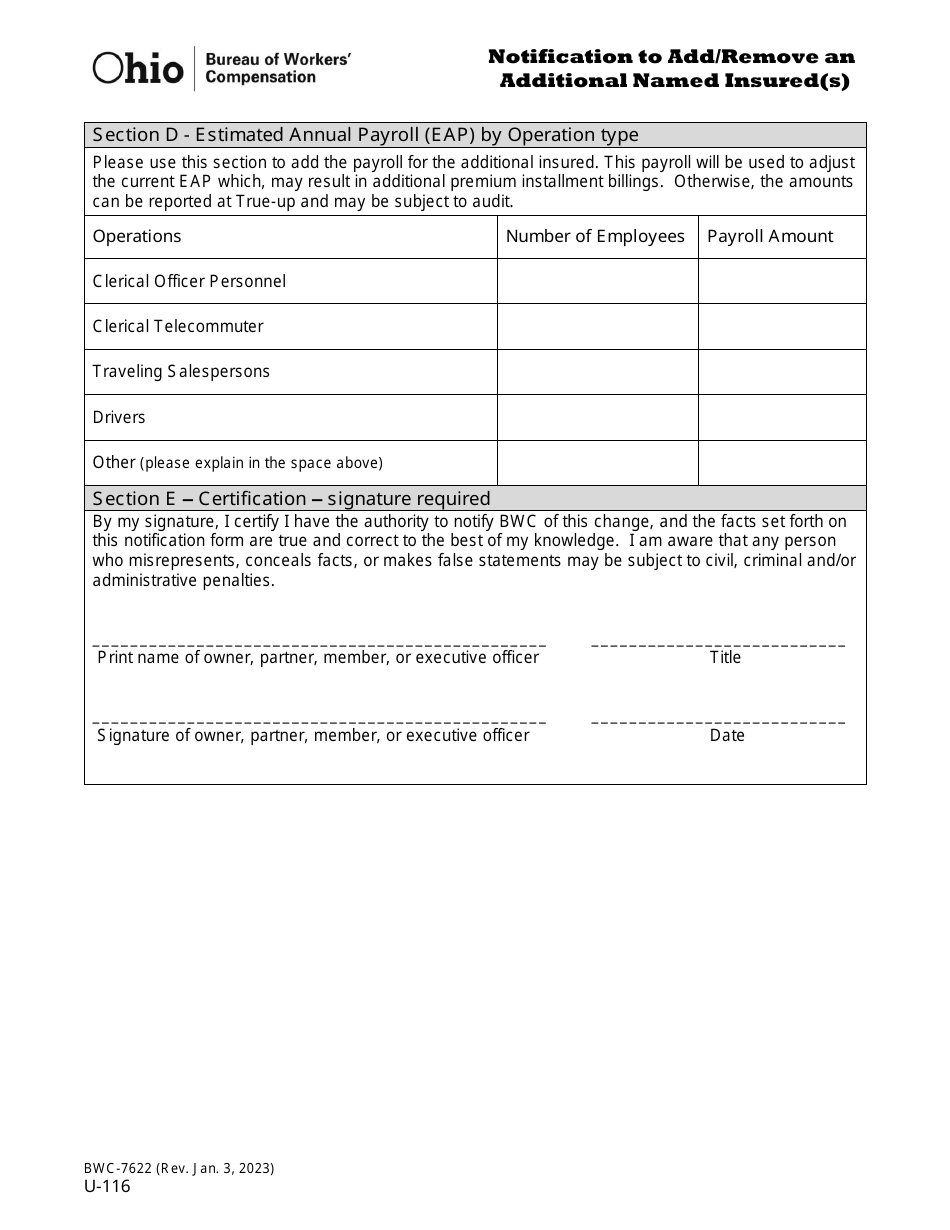 Form U-116 (BWC-7622) Notification to Add / Remove an Additional Named Insured(S) - Ohio, Page 4